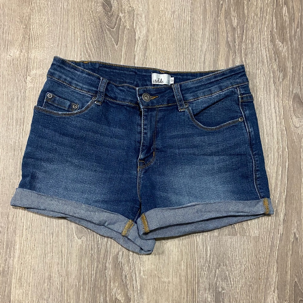 Isolde Cuffed Denim Mom Shorts Size 12 | Dark Wash Stretch Jean Shorts High Rise - Picture 2 of 5